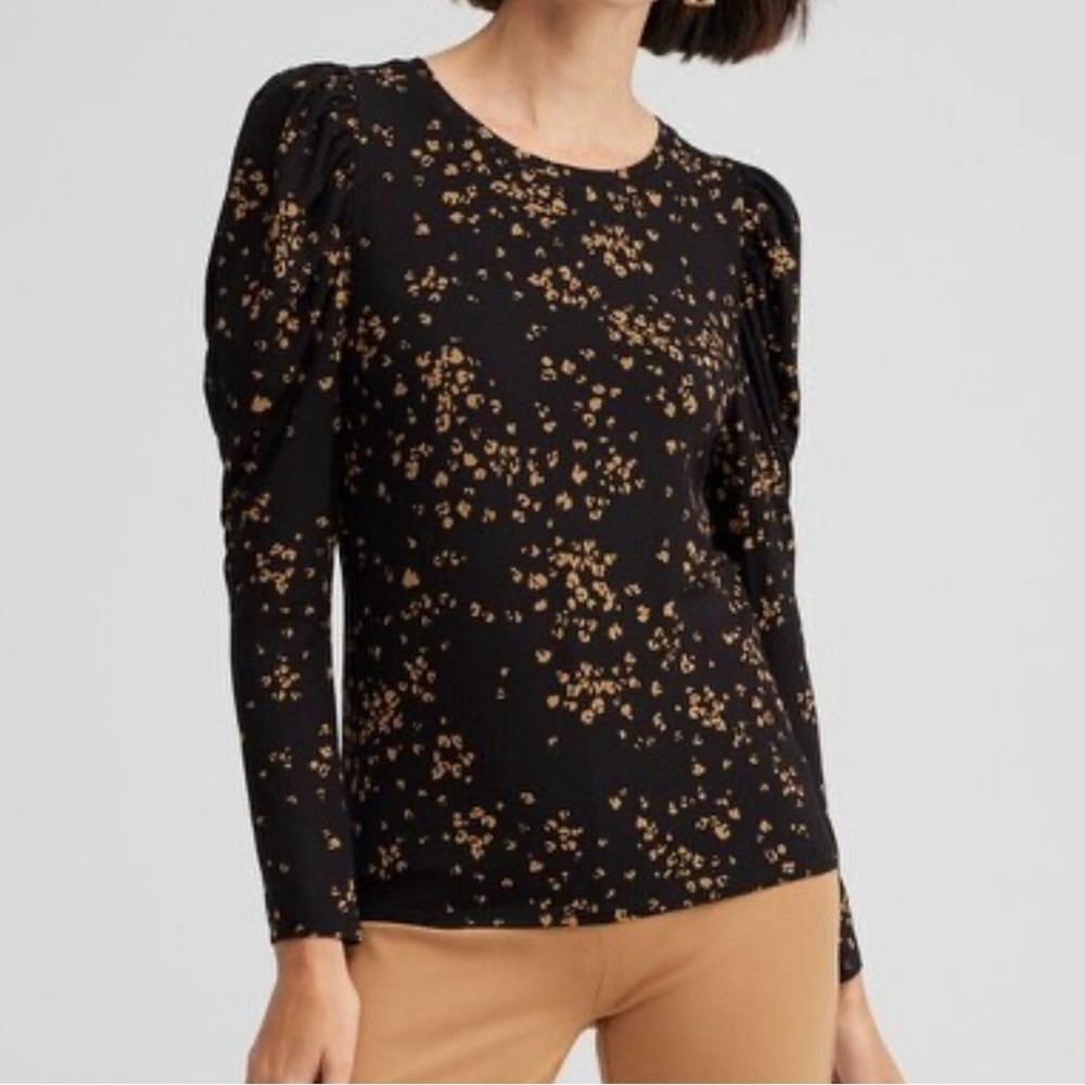 Chico's Black Tan Speckled Top‎ Size 3 US XL Stretch Ruched Sleeves Whimsigoth